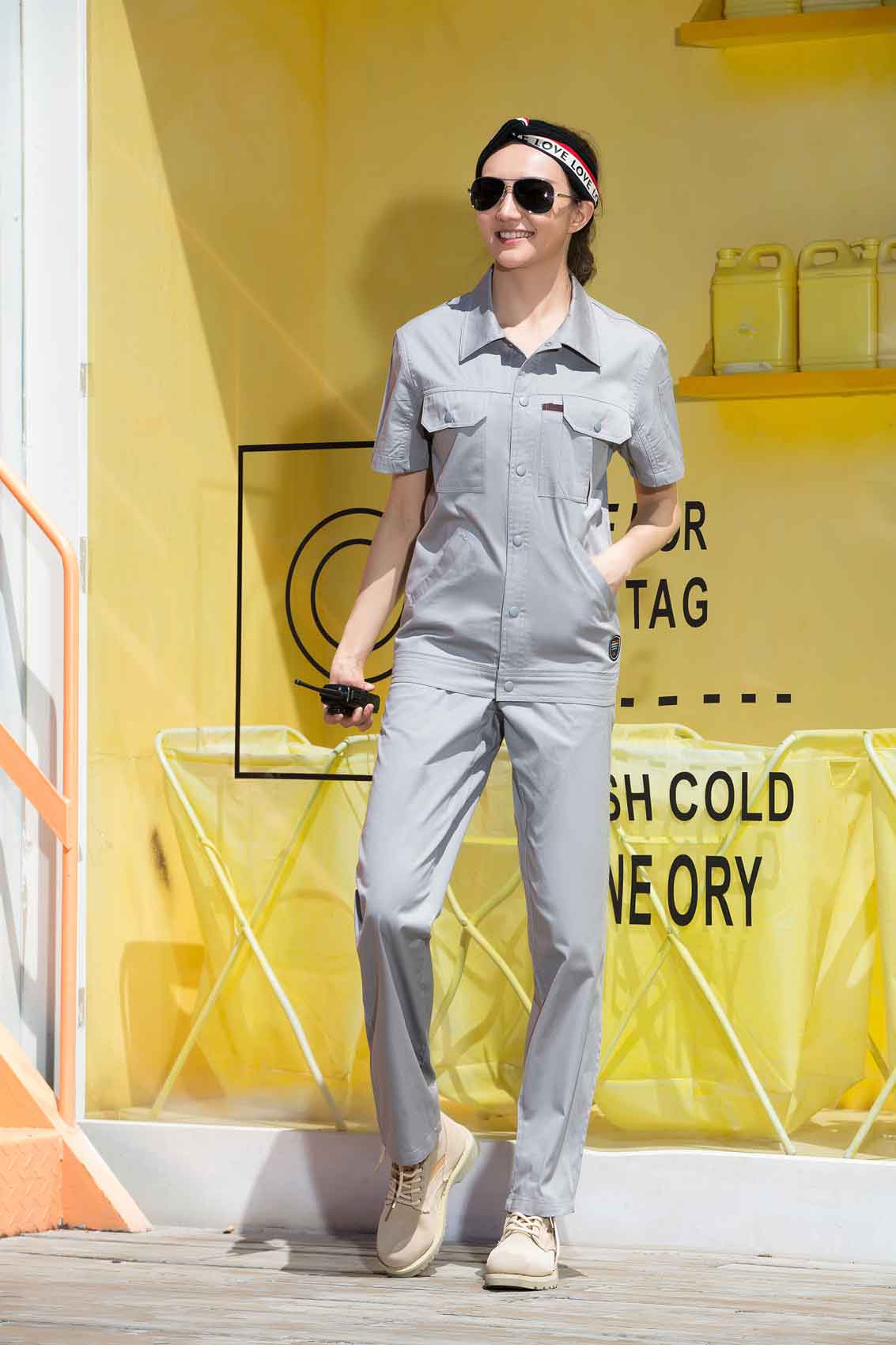 夏季灰色配咖啡色純棉短袖工作服-SYX201