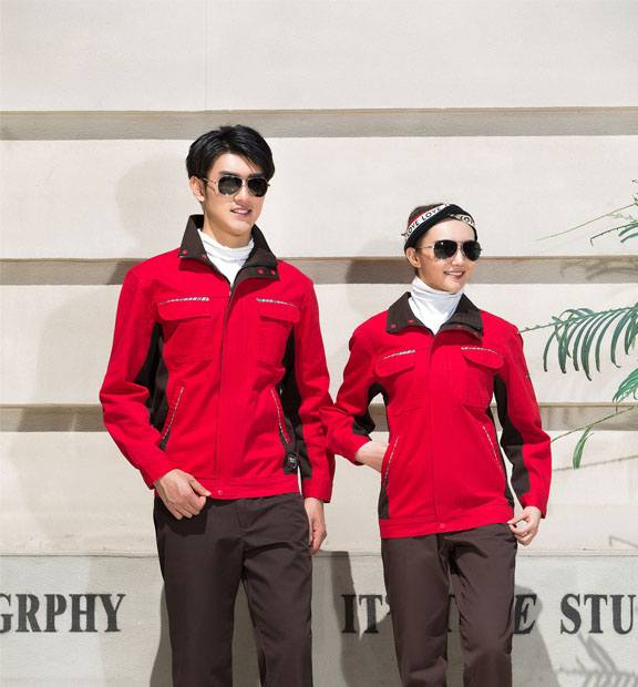 春秋季節大紅色男女同款翻領長袖全棉工作服套裝-SYC307#