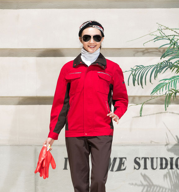 春秋季節大紅色男女同款翻領長袖全棉工作服套裝-SYC307#