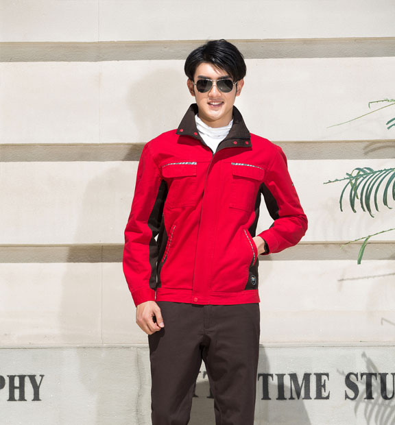 春秋季節大紅色男女同款翻領長袖全棉工作服套裝-SYC307#