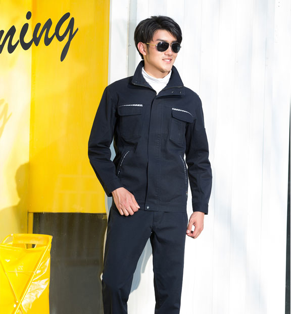 春秋季節藏藍色藍色男女同款翻領長袖全棉工作服套裝-SYC313#
