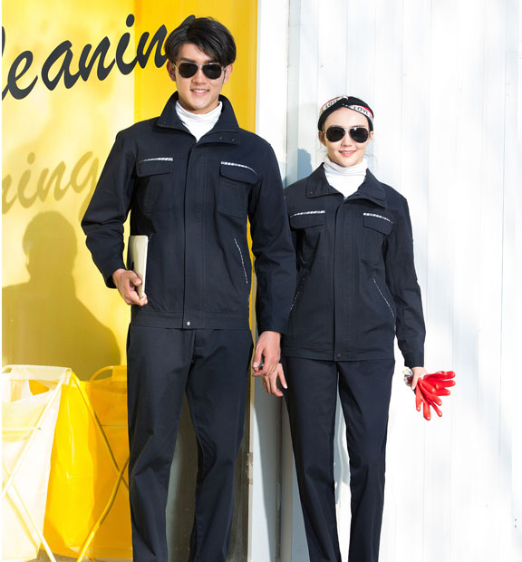 春秋季節藏藍色藍色男女同款翻領長袖全棉工作服套裝-SYC313#