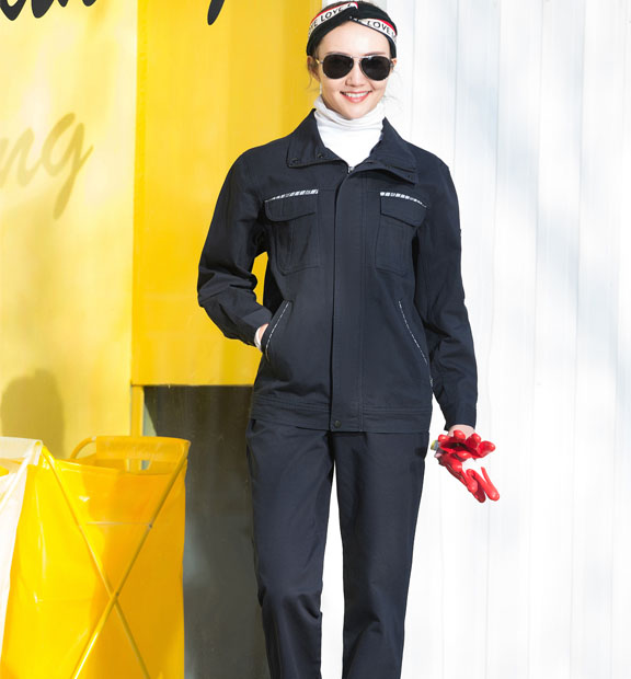 春秋季節藏藍色藍色男女同款翻領長袖全棉工作服套裝-SYC313#