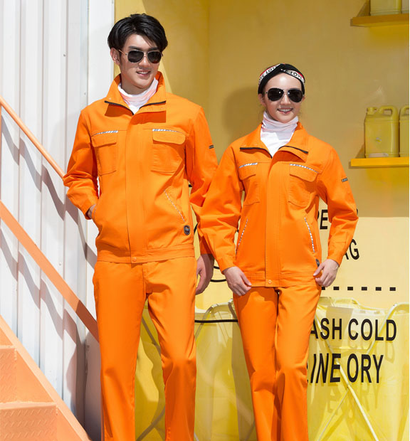 春秋季節(jié)橘色男女同款翻領(lǐng)長(zhǎng)袖全棉工作服套裝-SYC314#