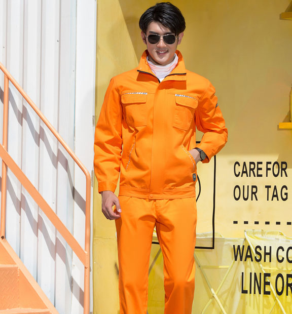 春秋季節(jié)橘色男女同款翻領(lǐng)長(zhǎng)袖全棉工作服套裝-SYC314#