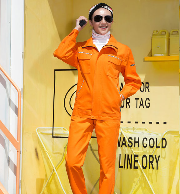 春秋季節(jié)橘色男女同款翻領(lǐng)長(zhǎng)袖全棉工作服套裝-SYC314#