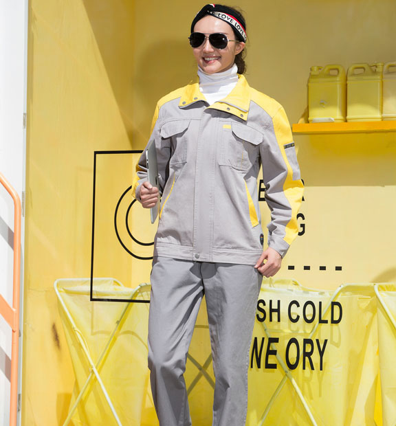 春秋季節灰色配黃色男女同款翻領長袖全棉工作服套裝-SYC322#