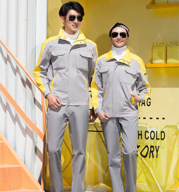 春秋季節灰色配黃色男女同款翻領長袖全棉工作服套裝-SYC322#