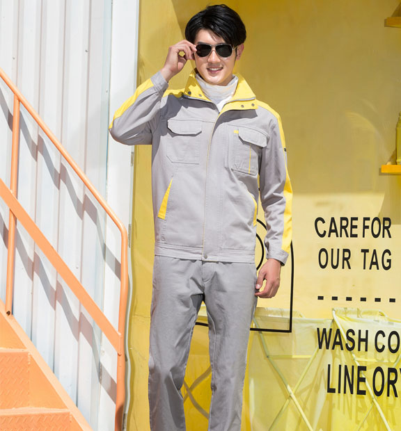 春秋季節灰色配黃色男女同款翻領長袖全棉工作服套裝-SYC322#