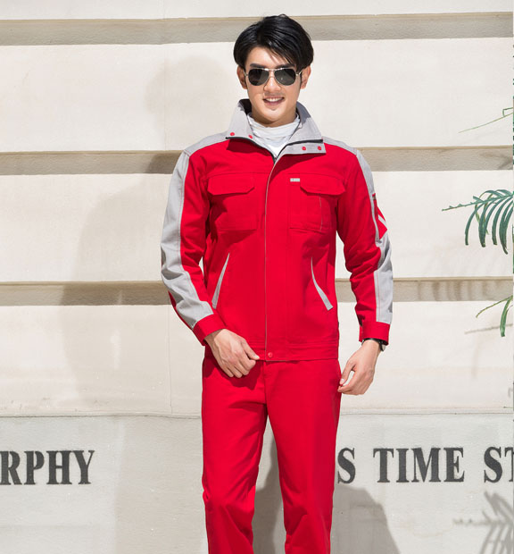 春秋季節(jié)紅色男女同款翻領(lǐng)全棉工作服套裝-YSC326#