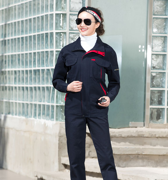 春秋季節(jié)藏藍(lán)色男女同款翻領(lǐng)長(zhǎng)袖全棉工作服套裝-SYC339#