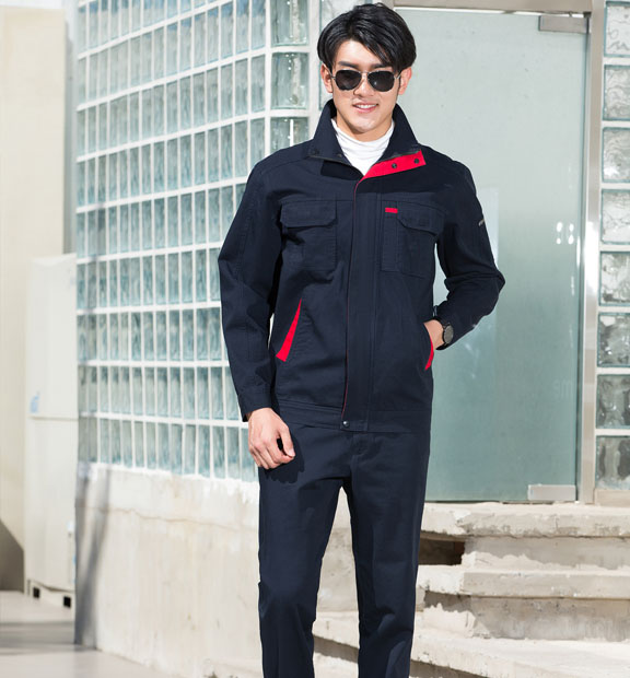 春秋季節(jié)藏藍(lán)色男女同款翻領(lǐng)長(zhǎng)袖全棉工作服套裝-SYC339#