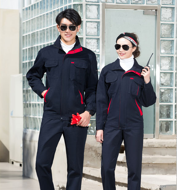 春秋季節(jié)藏藍(lán)色男女同款翻領(lǐng)長(zhǎng)袖全棉工作服套裝-SYC339#