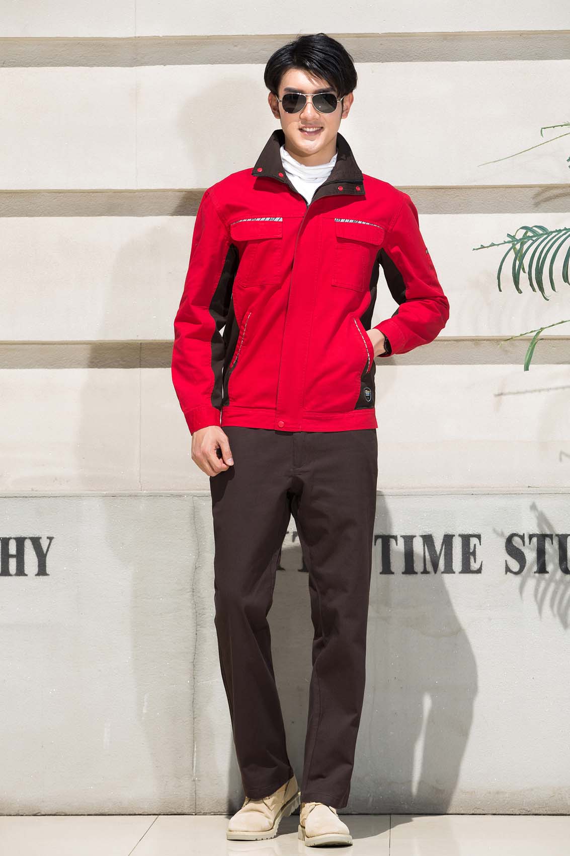 春秋季節紅色男女同款翻領長袖全棉工作服套裝-SYC307#