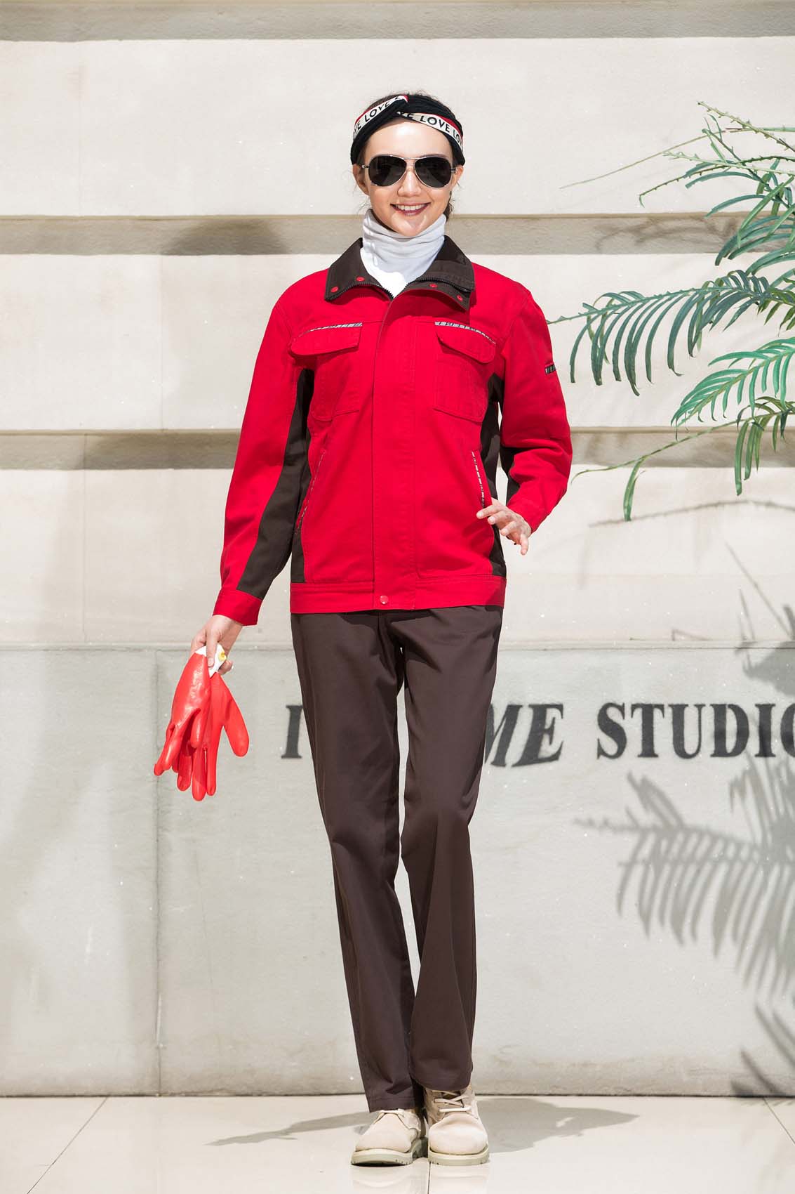 春秋季節紅色男女同款翻領長袖全棉工作服套裝-SYC307#