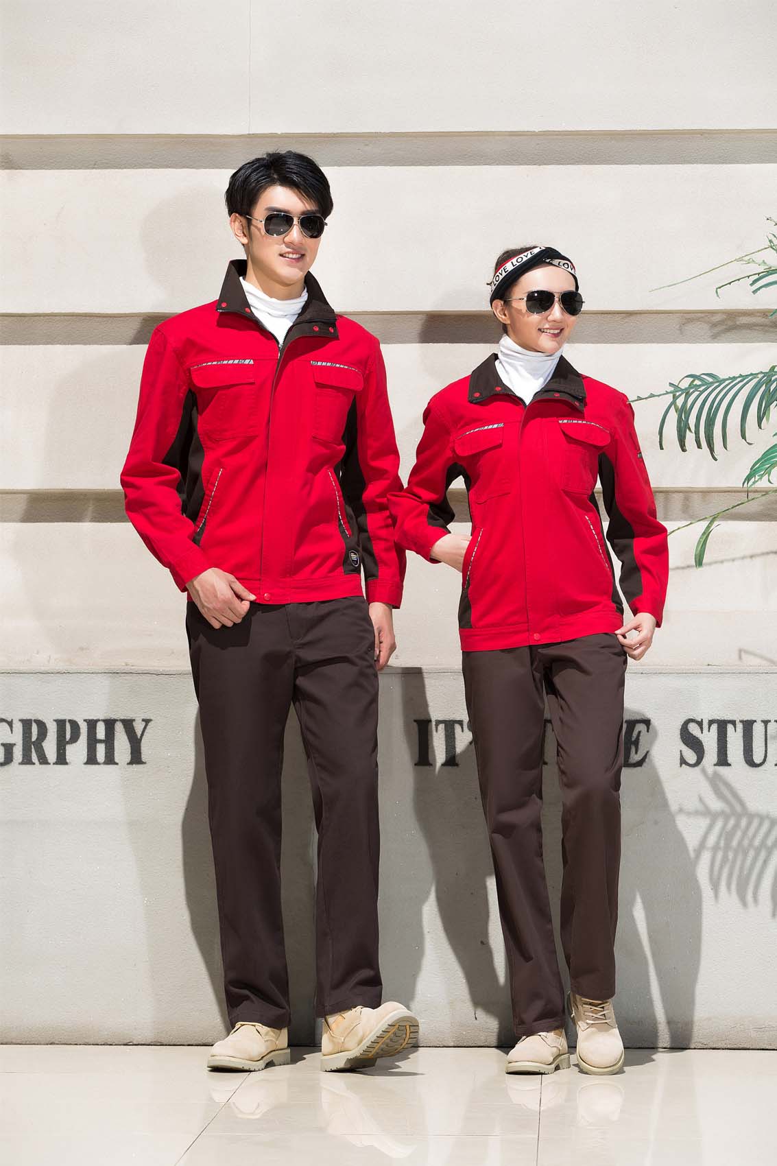 春秋季節紅色男女同款翻領長袖全棉工作服套裝-SYC307#