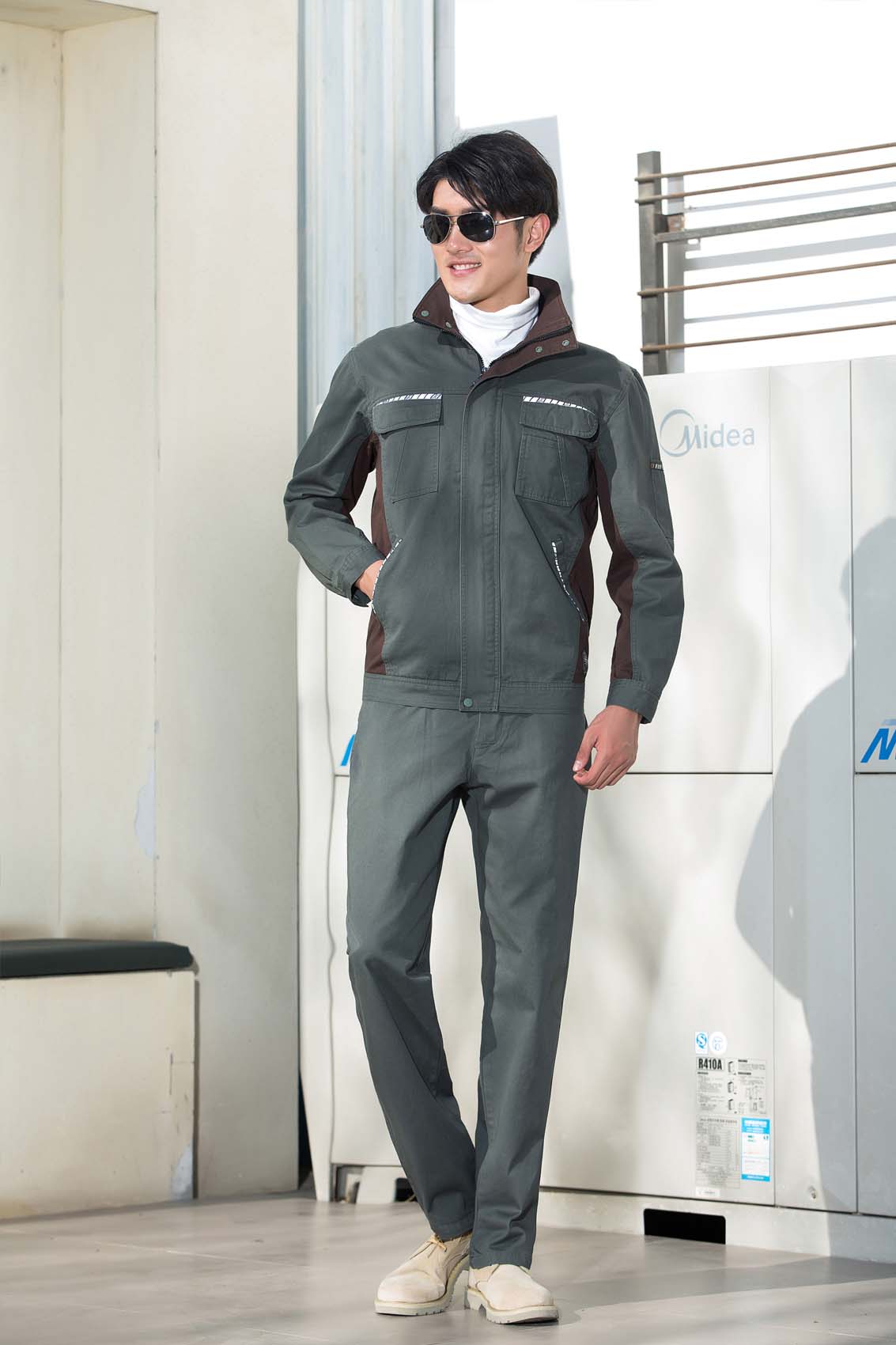 春秋季節深灰色男女同款翻領長袖全棉工作服套裝-SYC310#