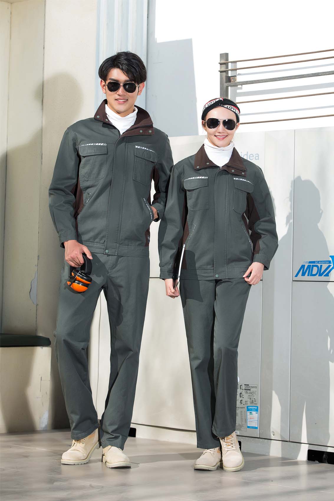 春秋季節深灰色男女同款翻領長袖全棉工作服套裝-SYC310#