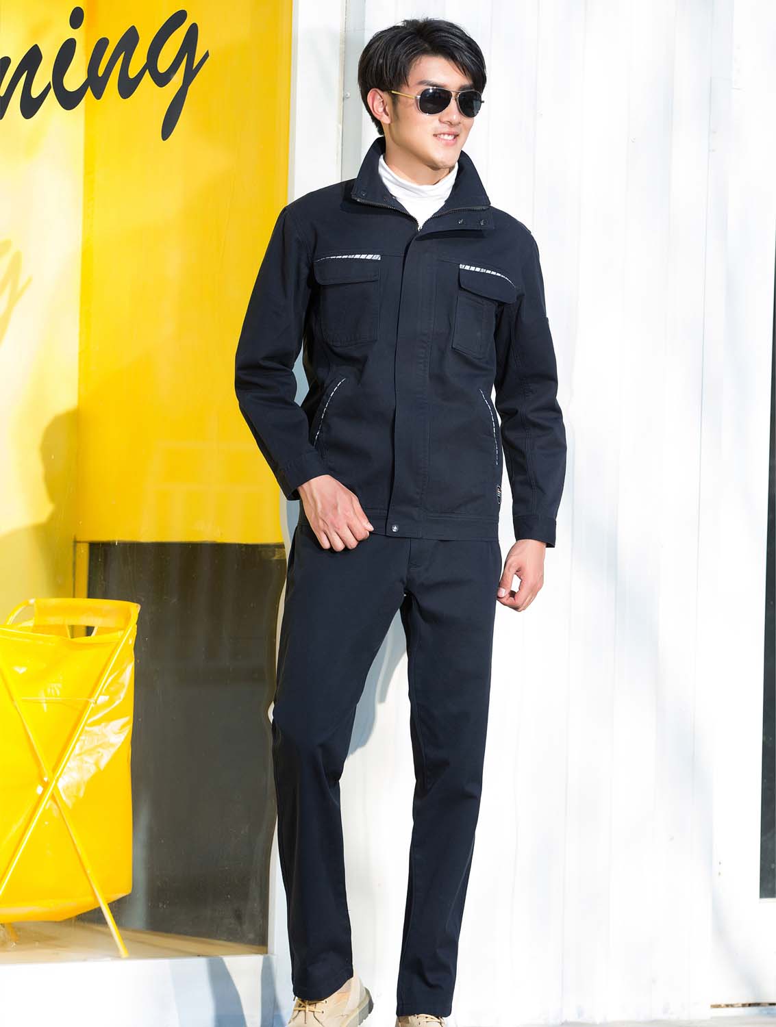 春秋季節藏藍色藍色男女同款翻領長袖全棉工作服套裝-SYC313#