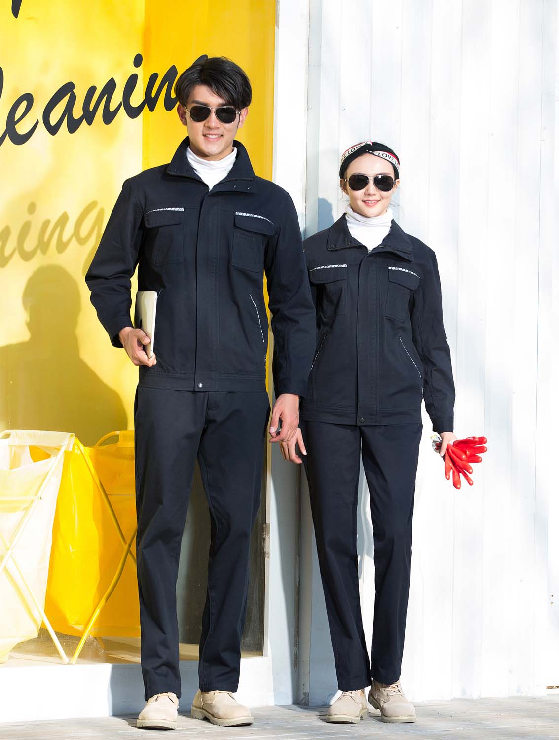 春秋季節藏藍色藍色男女同款翻領長袖全棉工作服套裝-SYC313#