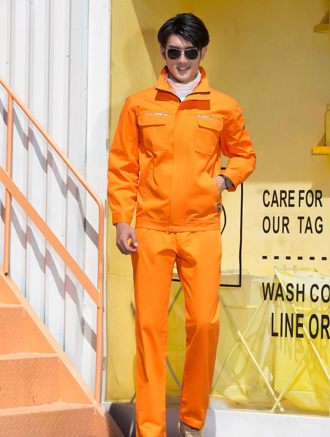 春秋季節(jié)橘色藍(lán)色男女同款翻領(lǐng)長(zhǎng)袖全棉工作服套裝-SYC314#