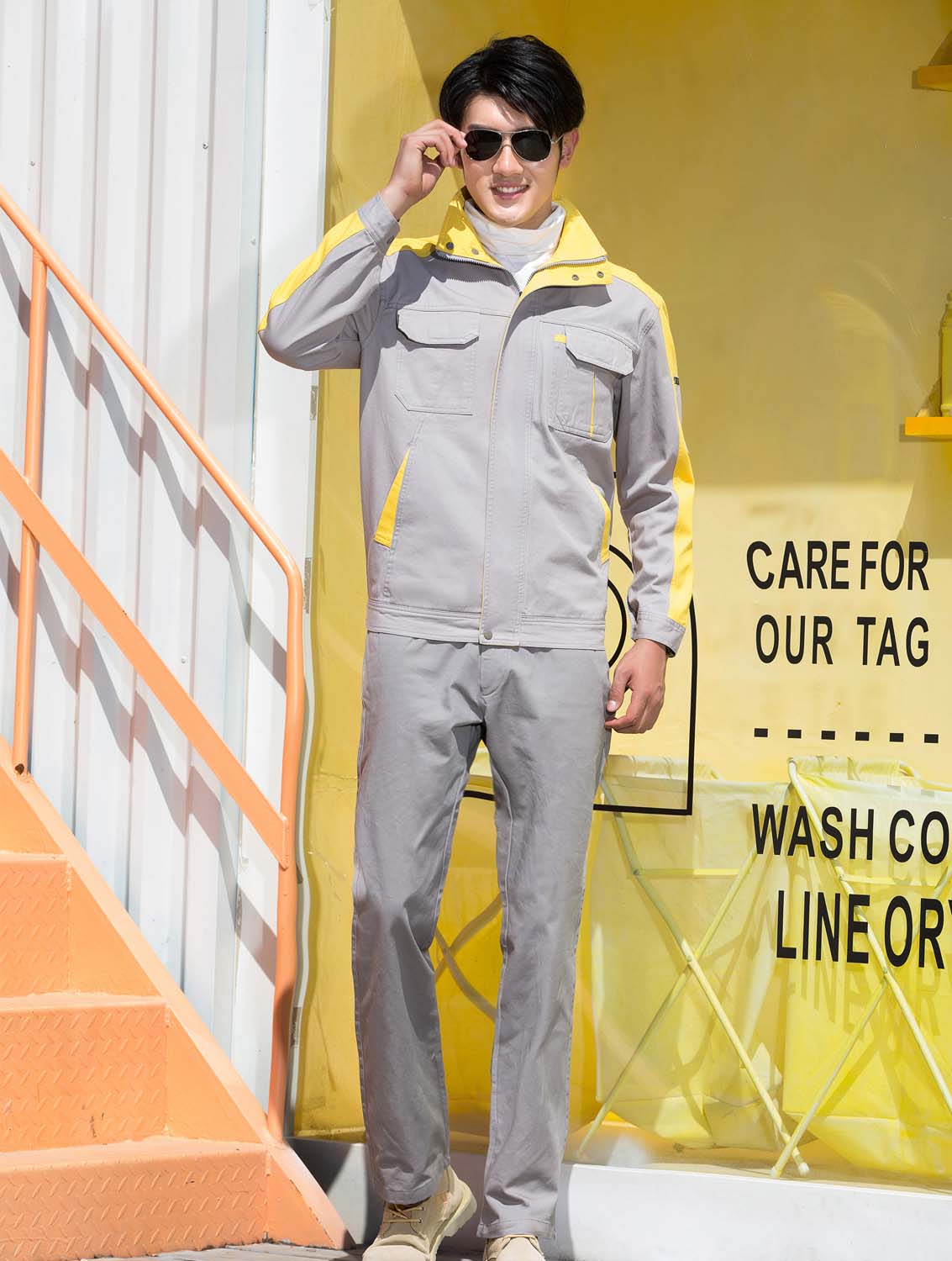 春秋季節灰色配黃色男女同款翻領長袖全棉工作服套裝-SYC322#