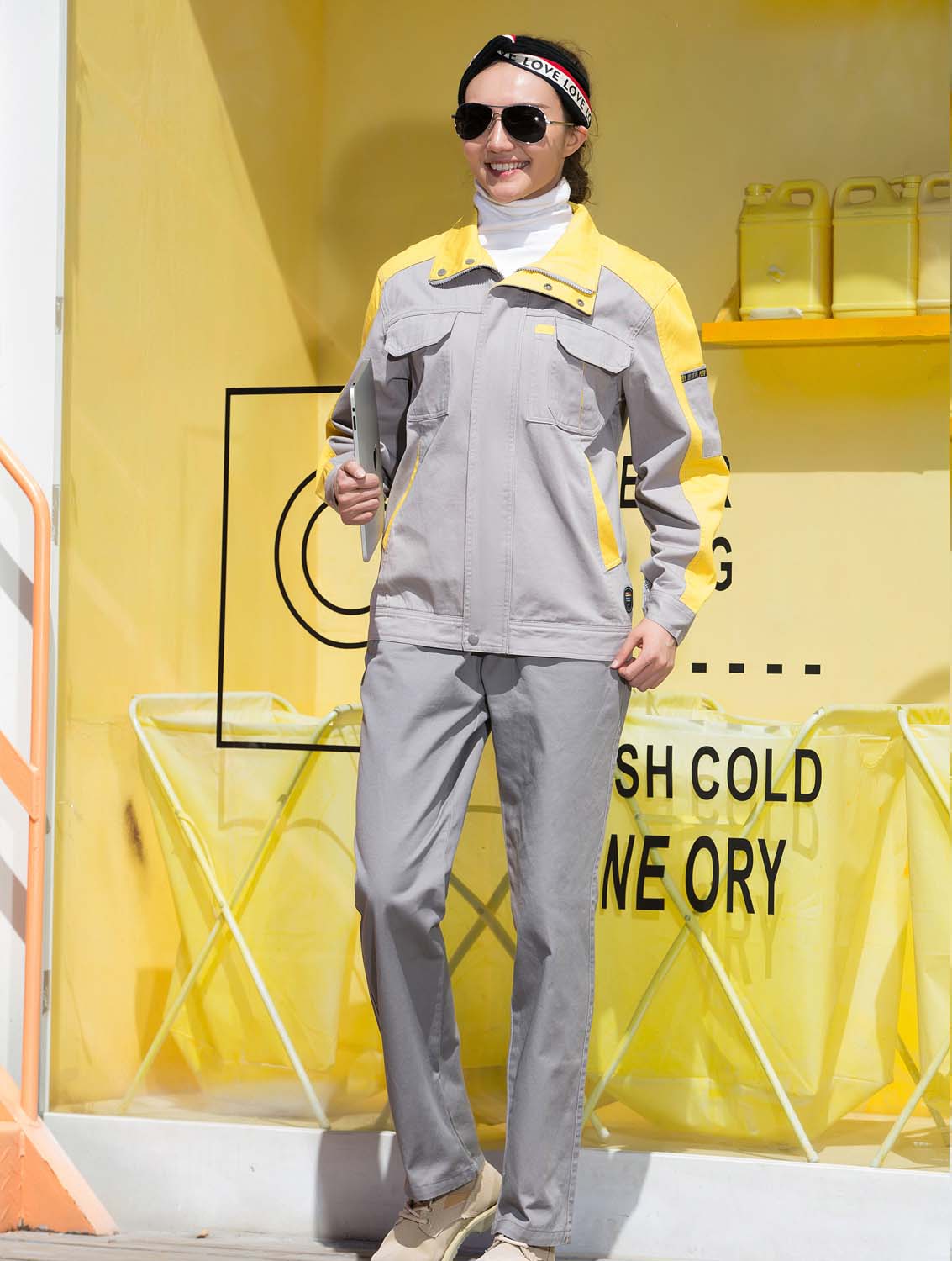 春秋季節灰色配黃色男女同款翻領長袖全棉工作服套裝-SYC322#