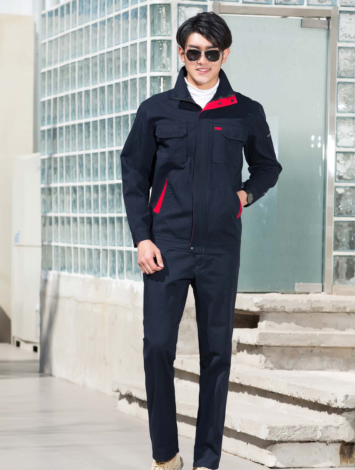 春秋季節(jié)藏藍(lán)色男女同款翻領(lǐng)長(zhǎng)袖全棉工作服套裝-SYC339#