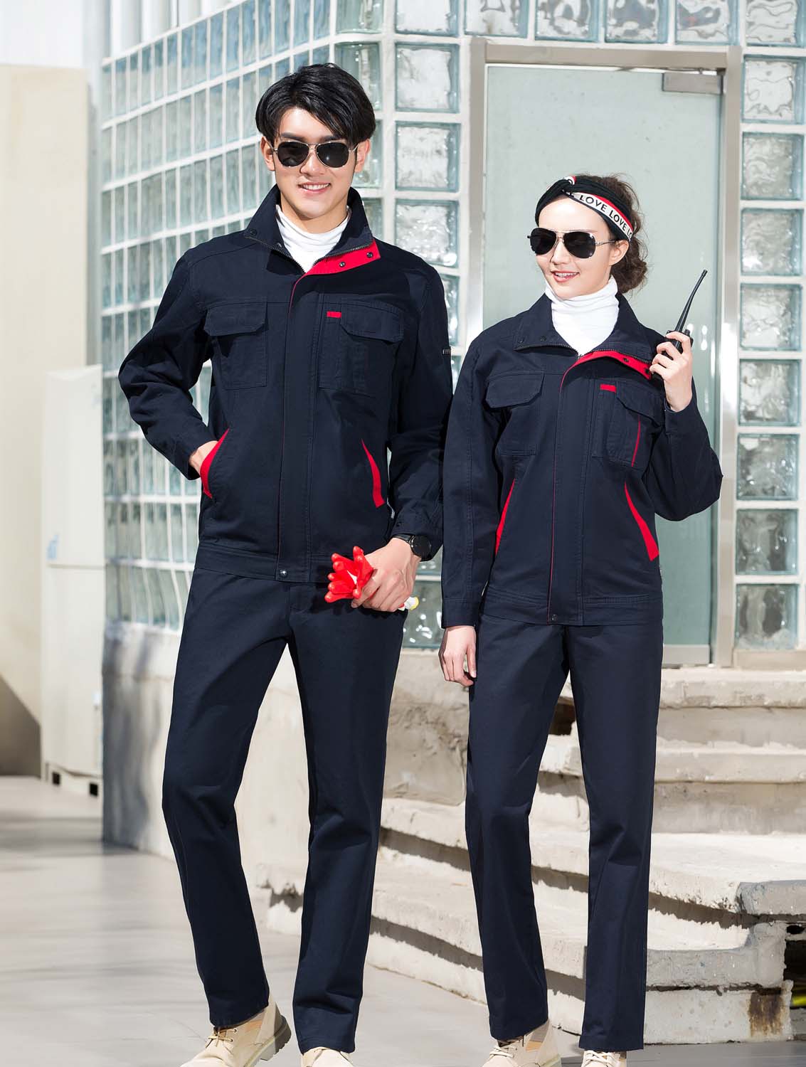 春秋季節(jié)藏藍(lán)色男女同款翻領(lǐng)長(zhǎng)袖全棉工作服套裝-SYC339#