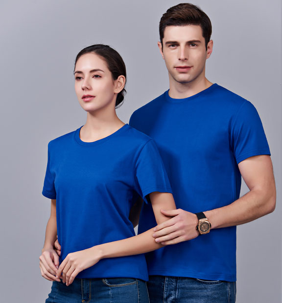 夏季寶藍色男女同款純棉半袖圓領文化衫T19#