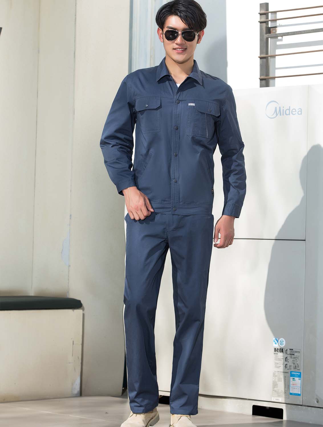 夏季藍(lán)色純棉長袖工作服套裝-SYX204#