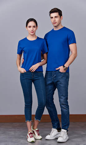 夏季寶藍色男女同款純棉半袖圓領(lǐng)文化衫T19#