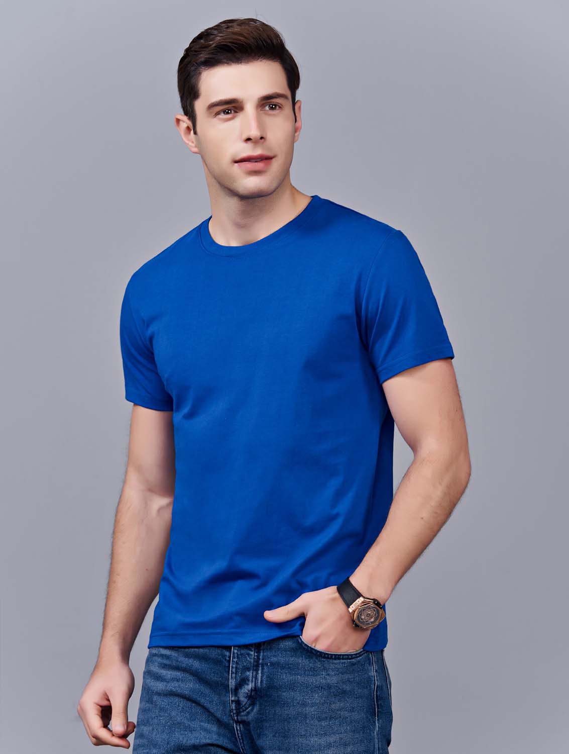 夏季寶藍色男女同款純棉半袖圓領文化衫T19#