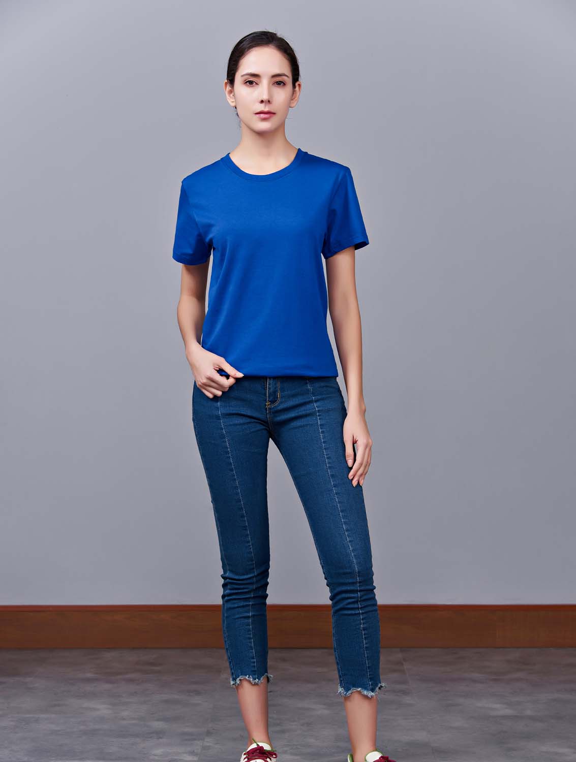 夏季寶藍色男女同款純棉半袖圓領文化衫T19#