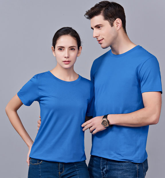 夏季湖藍色男女同款純棉半袖圓領文化衫T19#