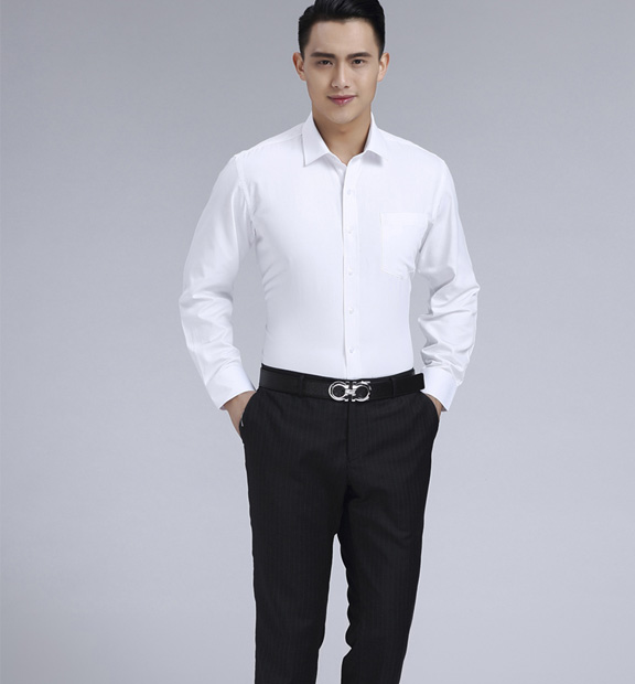 白色男款滌棉翻領(lǐng)長(zhǎng)袖修身襯衫-0501#