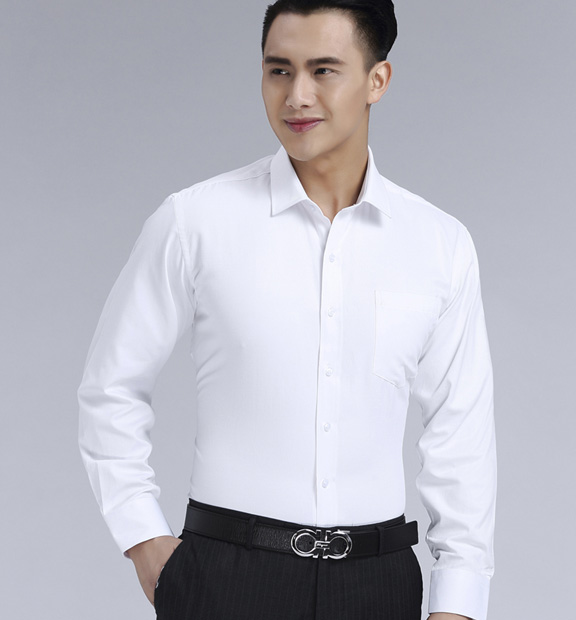 白色男款滌棉翻領(lǐng)長(zhǎng)袖修身襯衫-0501#