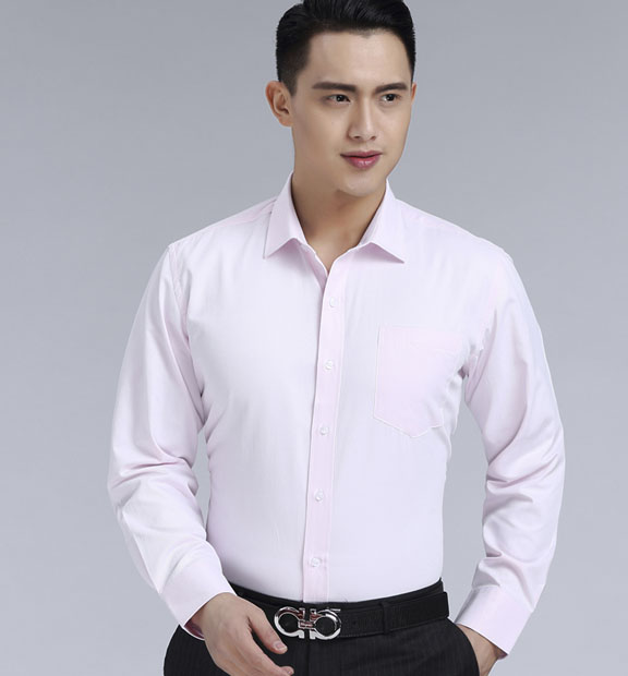 粉色斜紋男款滌棉翻領(lǐng)長袖修身襯衫-1382#
