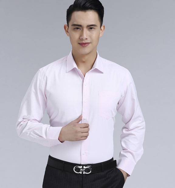 粉色斜紋男款滌棉翻領(lǐng)長袖修身襯衫-1382#