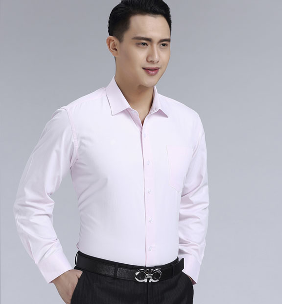 粉色斜紋男款滌棉翻領(lǐng)長袖修身襯衫-1382#