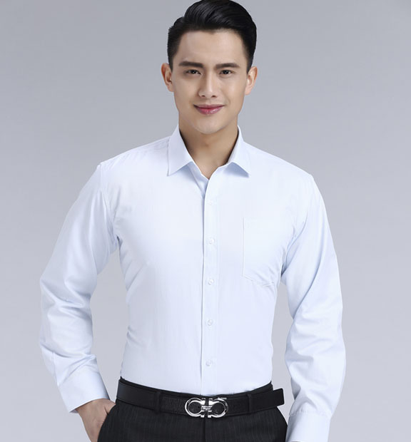 淺藍色斜紋男款滌棉翻領長袖修身襯衫-1383#