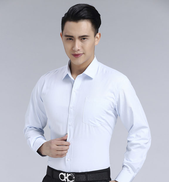 淺藍色斜紋男款滌棉翻領長袖修身襯衫-1383#