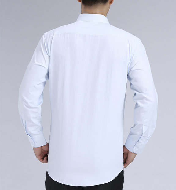 淺藍色斜紋男款滌棉翻領長袖修身襯衫-1383#