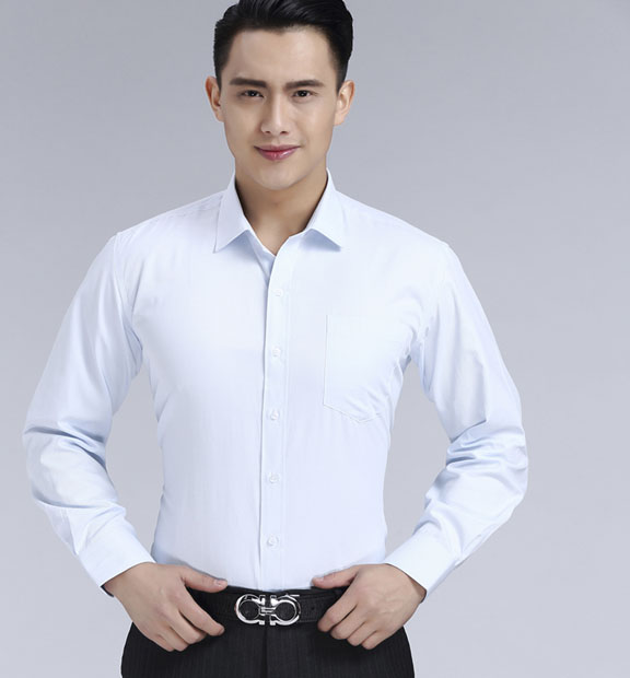 淺藍色斜紋男款滌棉翻領長袖修身襯衫-1383#