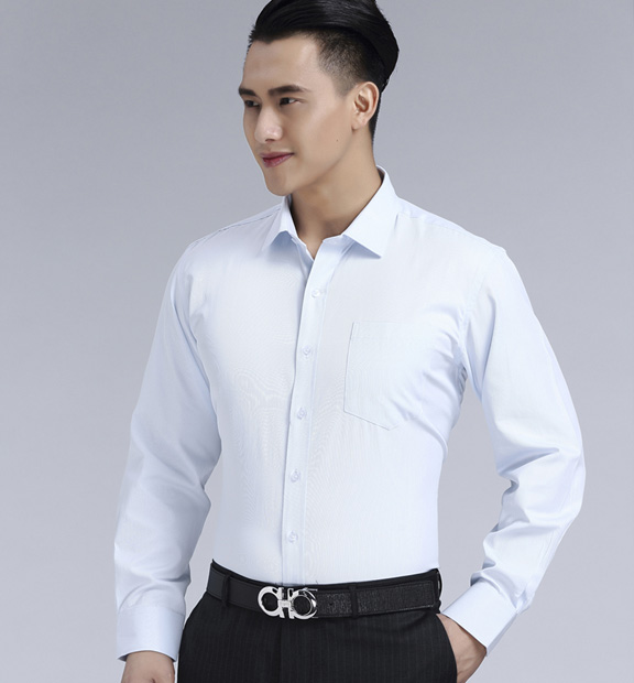 白豎紋男款滌棉翻領長袖韓版襯衫-1493#