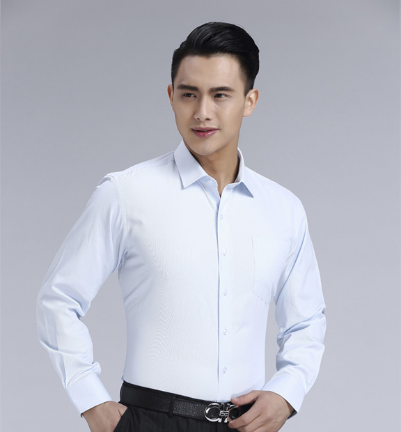 白豎紋男款滌棉翻領長袖韓版襯衫-1493#