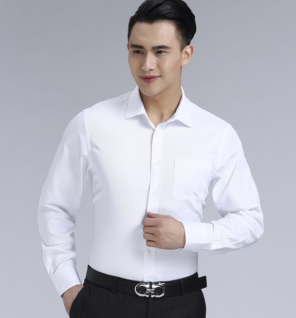 白色男款滌棉翻領長袖修身襯衫-3016-1#