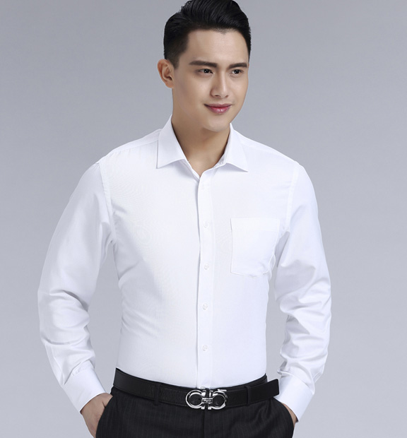 白色男款滌棉翻領長袖修身襯衫-3016-1#