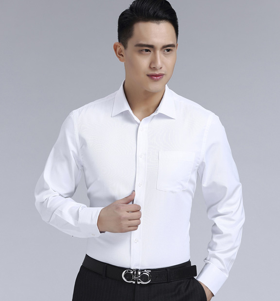 白色男款滌棉翻領長袖修身襯衫-3016-1#
