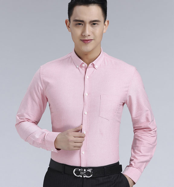 粉色男款牛津紡翻領(lǐng)長袖修身襯衫-19172#